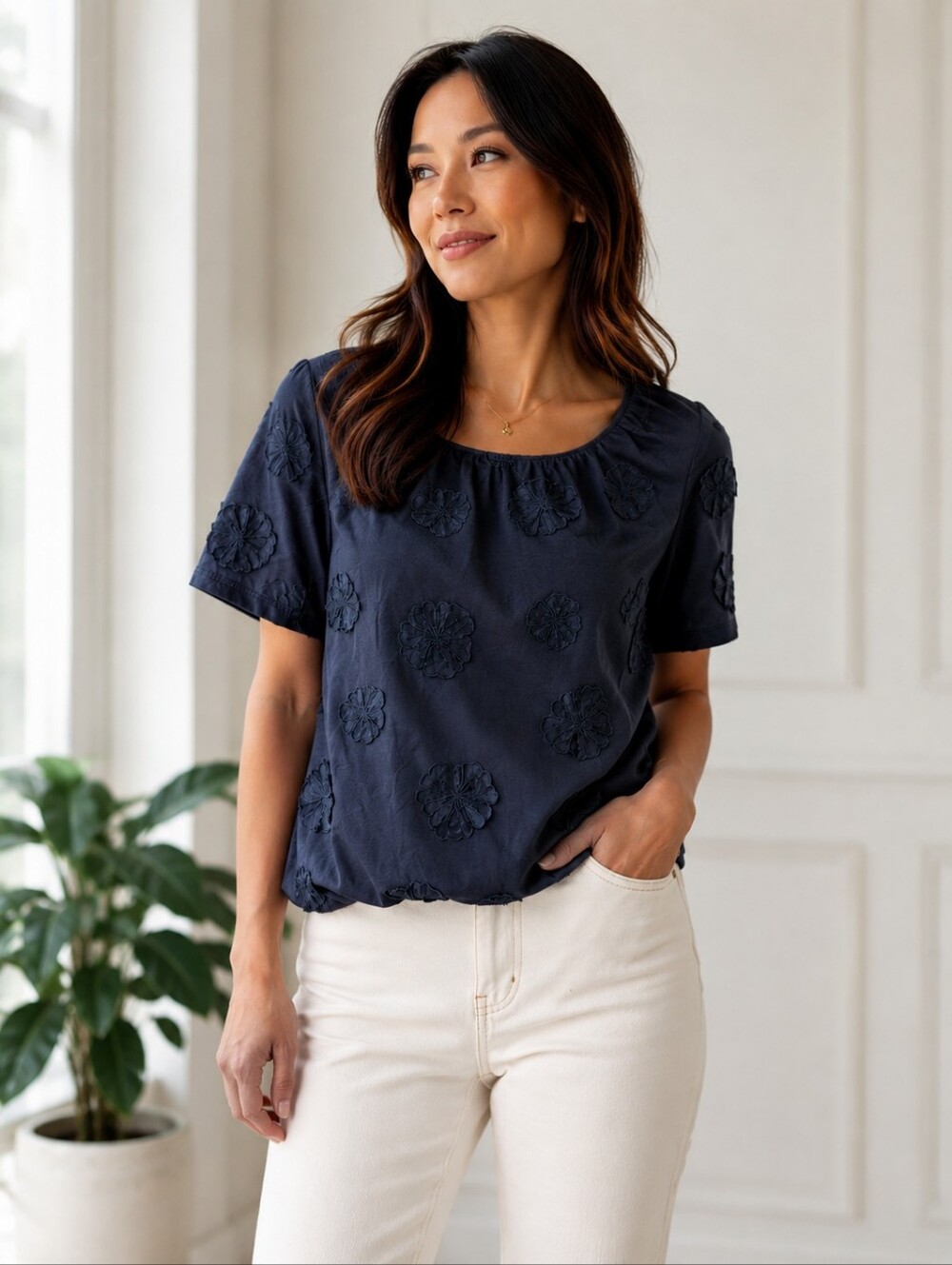 Chico's Navy 3D Floral Appliqué Blouse - size S